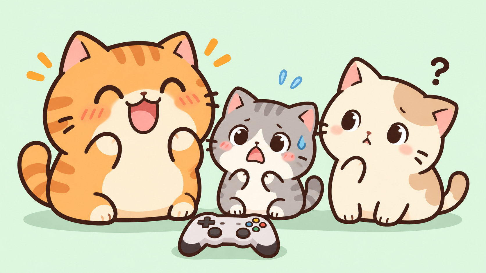 喜ぶ・驚く・戸惑う表情で物語を伝える猫たちのイメージ