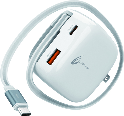 巻取式Type-Cケーブルを内蔵したホワイトの充電器