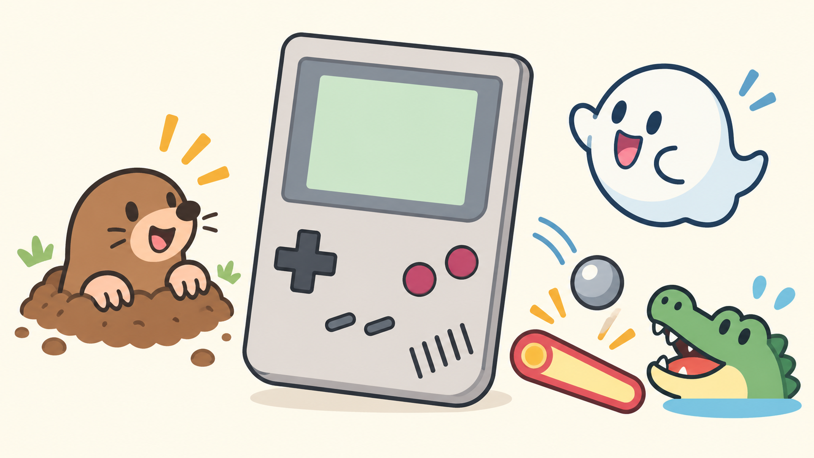 携帯ゲーム機と、パズル・ピンボール・アクションをイメージしたイラスト
