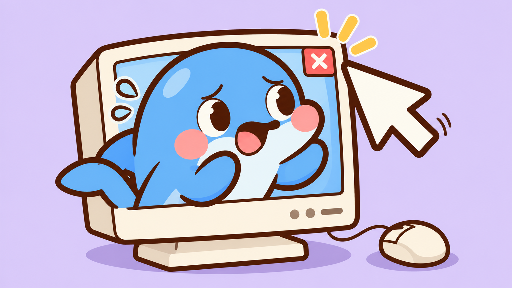 懐かしいパソコンの案内役と閉じる操作を描いたイメージ