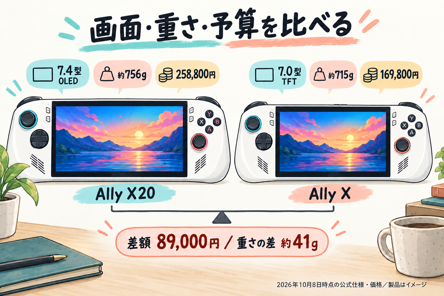 Ally X20とAlly Xの画面サイズ・重量・価格の比較図