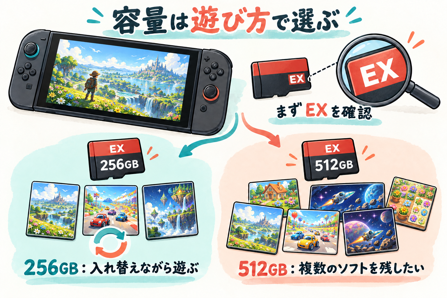 Switch 2とmicroSD Expressカード、256GBと512GBを遊び方で選ぶ模式図