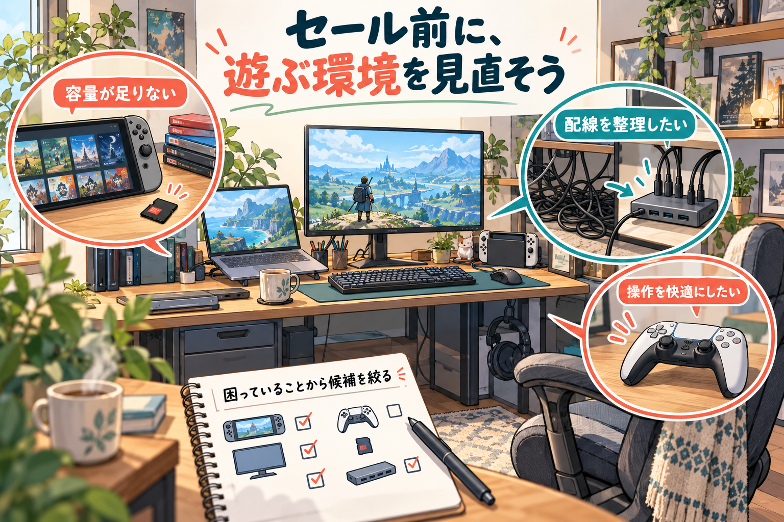 ゲーム環境の操作、容量、配線の悩みを見つけるイラスト