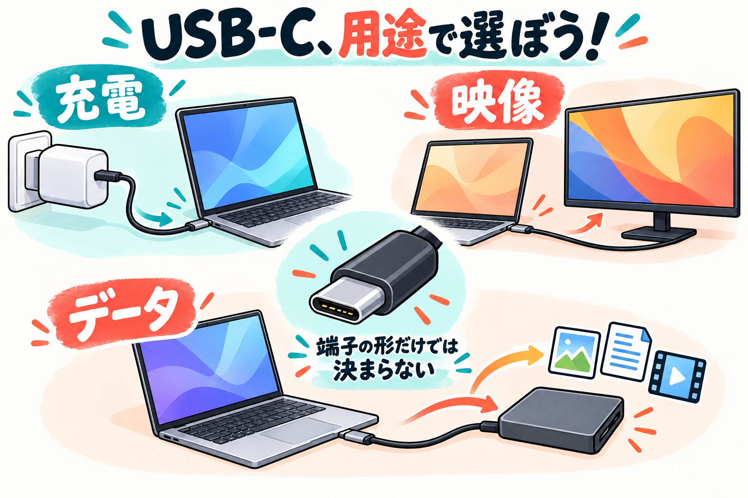 USB-Cケーブルを充電・映像・データ転送に分けて選ぶ方法と、PC側で確認する条件を紹介。