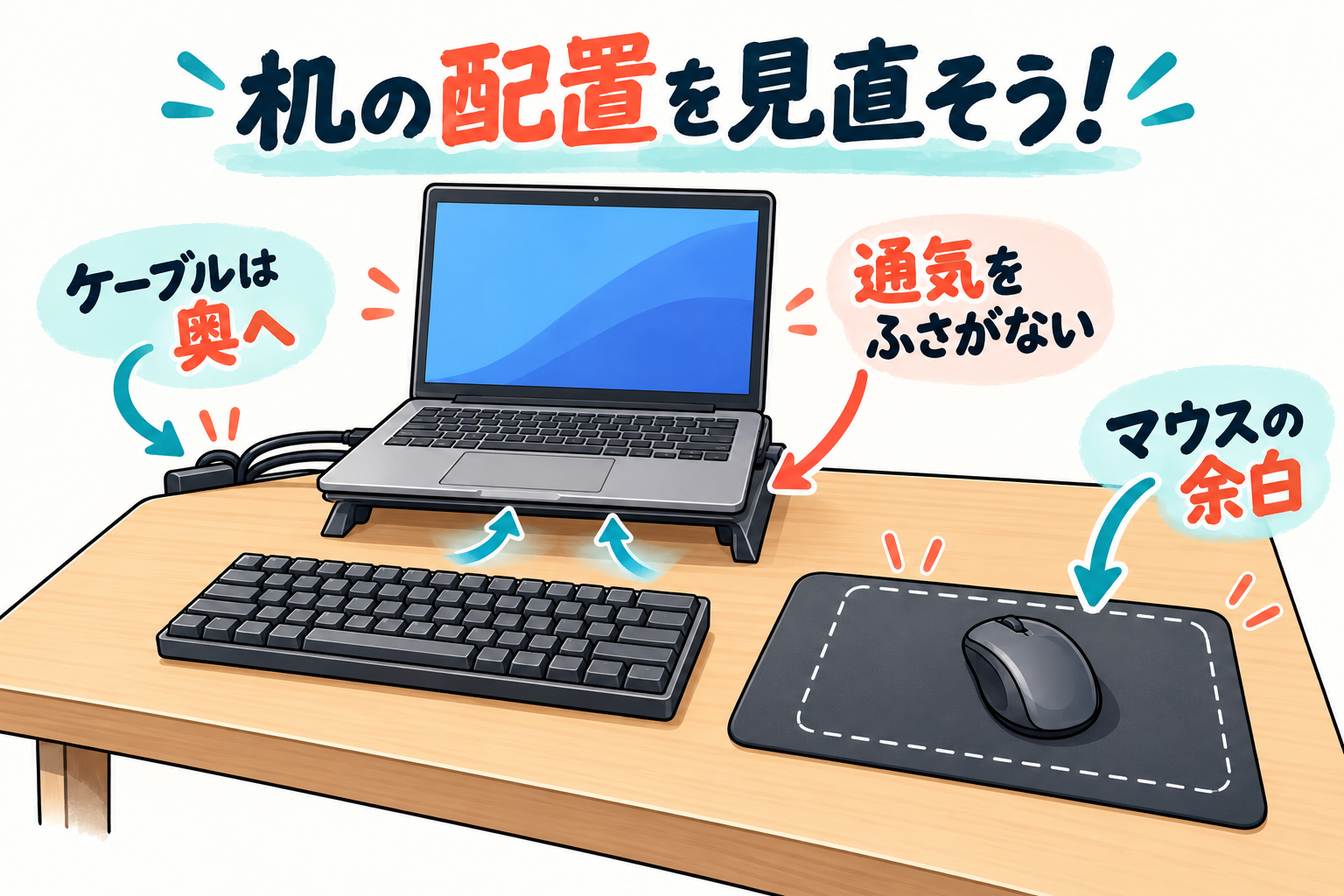 狭い机でゲームを遊ぶために、マウスの余白・PCの配置・配線を見直し、必要な周辺機器を選ぶ方法を紹介。