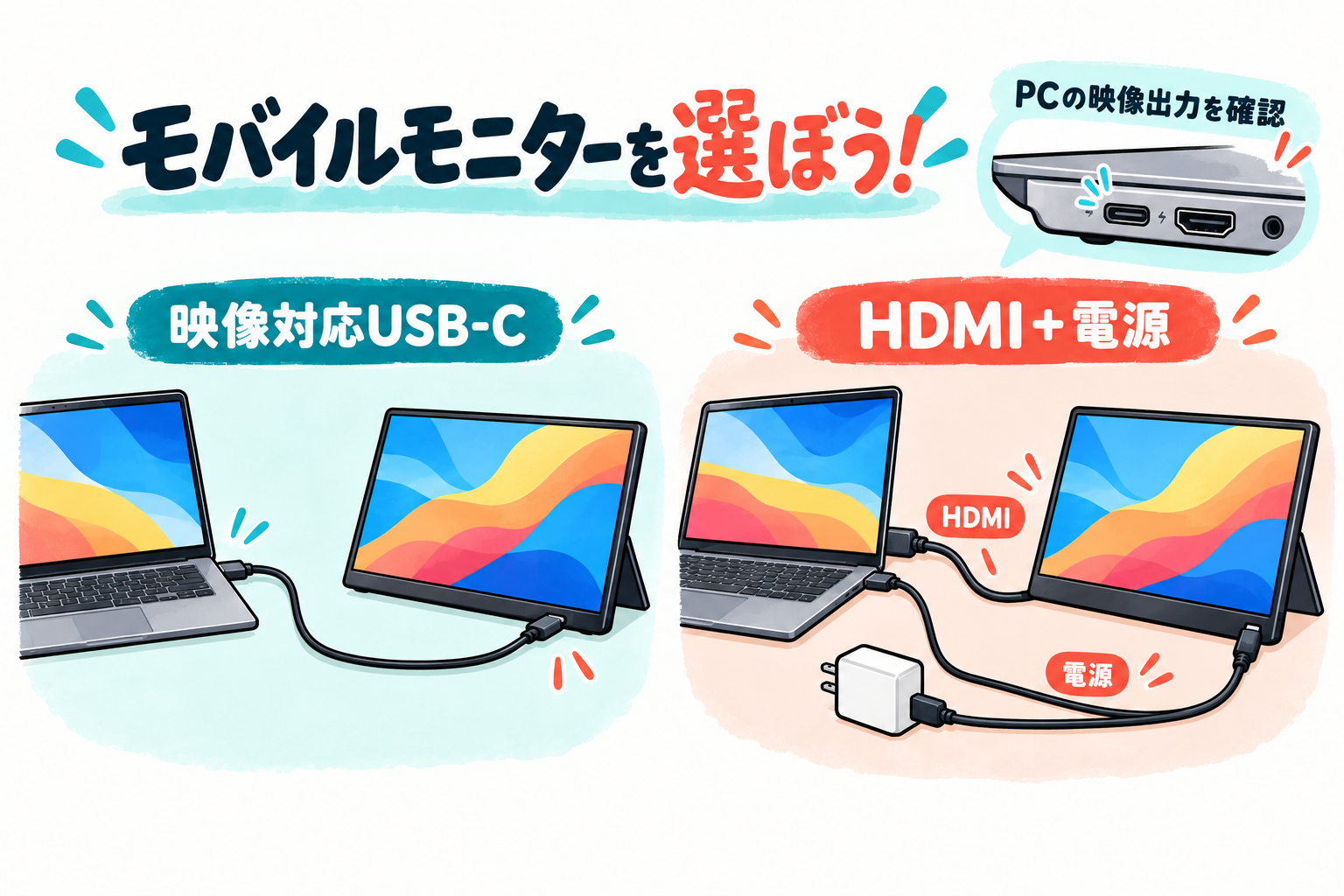 ノートPCにモバイルモニターをつなぐ条件と、置き場所・画面サイズ・給電から選ぶ方法を紹介。