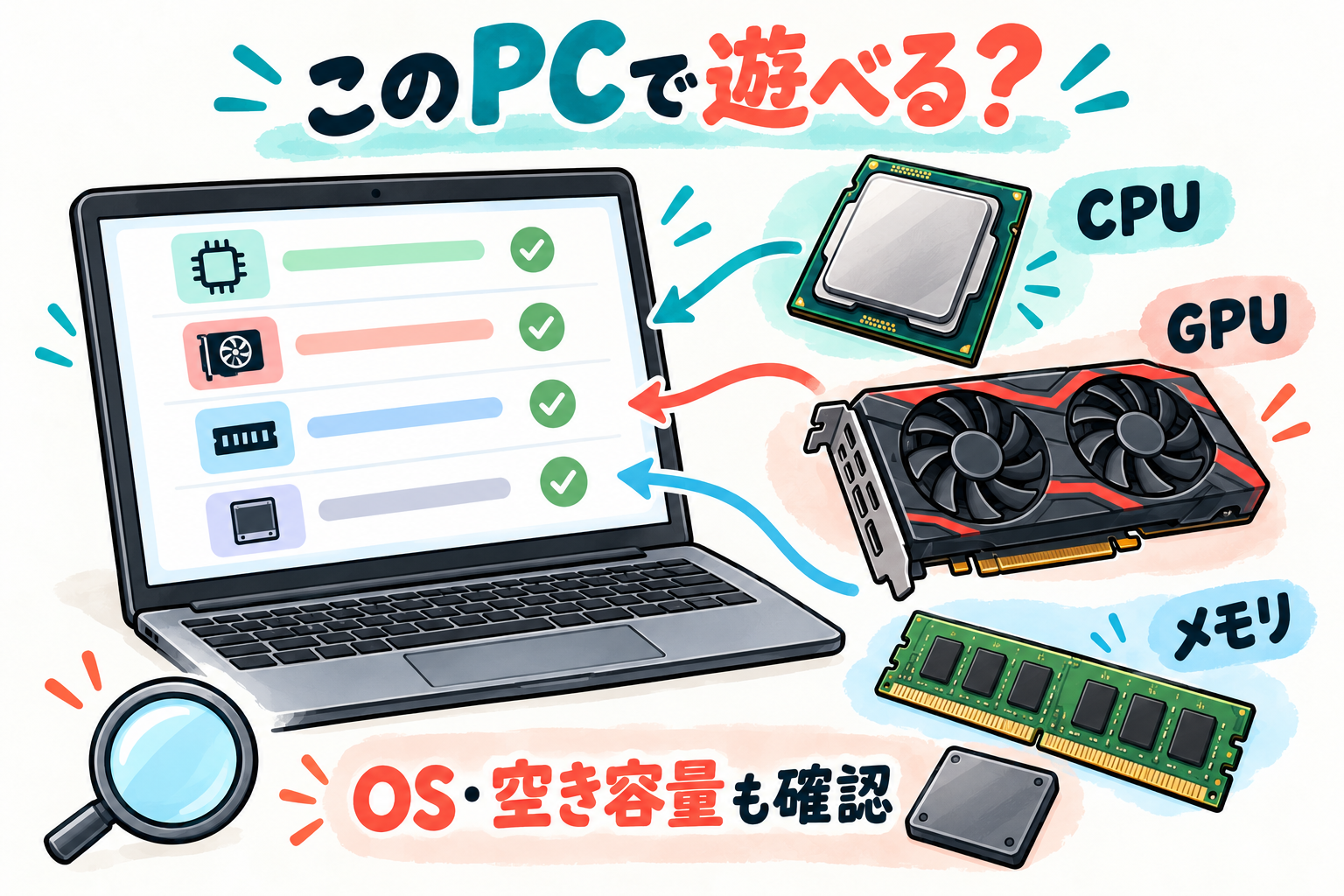 Steamのゲームを買う前に、Windows PCのCPU・GPU・メモリ・空き容量を調べ、動作環境と比べる手順。