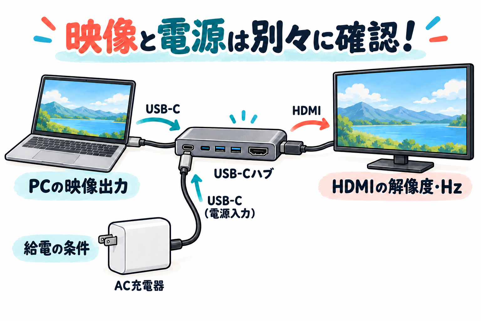 映像と電源は別々に確認！