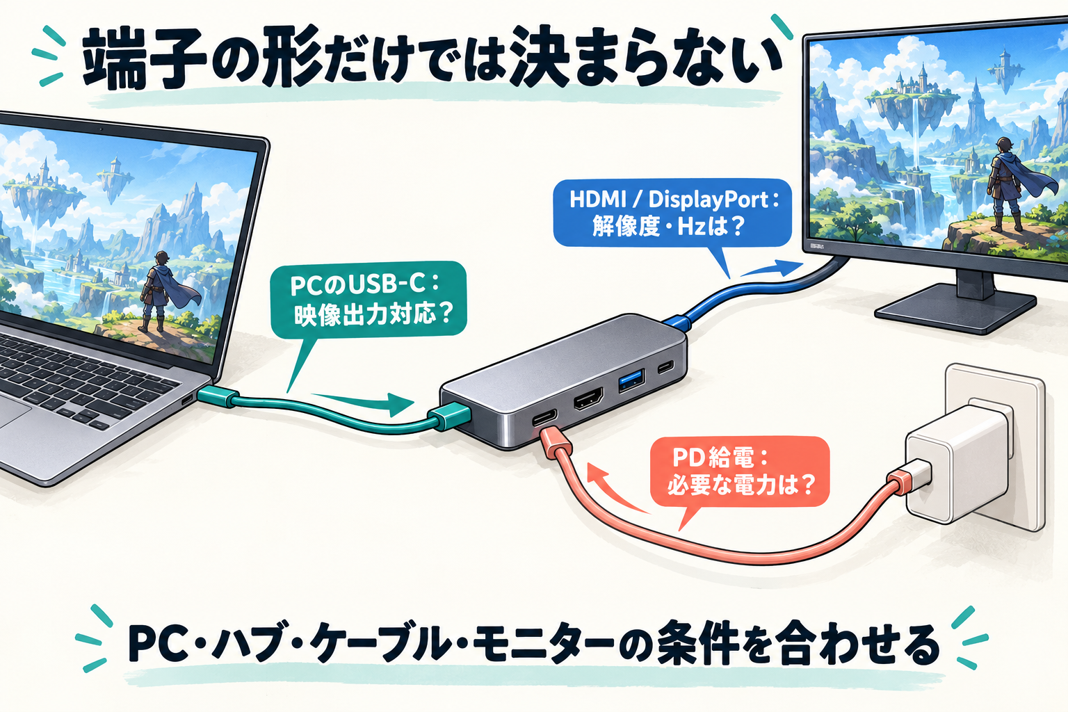 PC、USB-Cハブ、モニター、充電器の接続と3つの確認条件