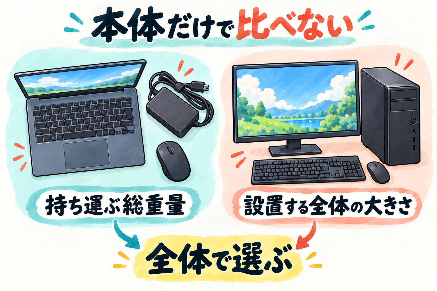 ノートPCは持ち運ぶ総重量、デスクトップは設置する全体の大きさを確認