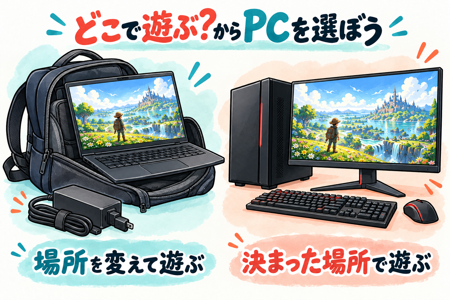 場所を変えて遊ぶノートPCと決まった場所で遊ぶデスクトップPC