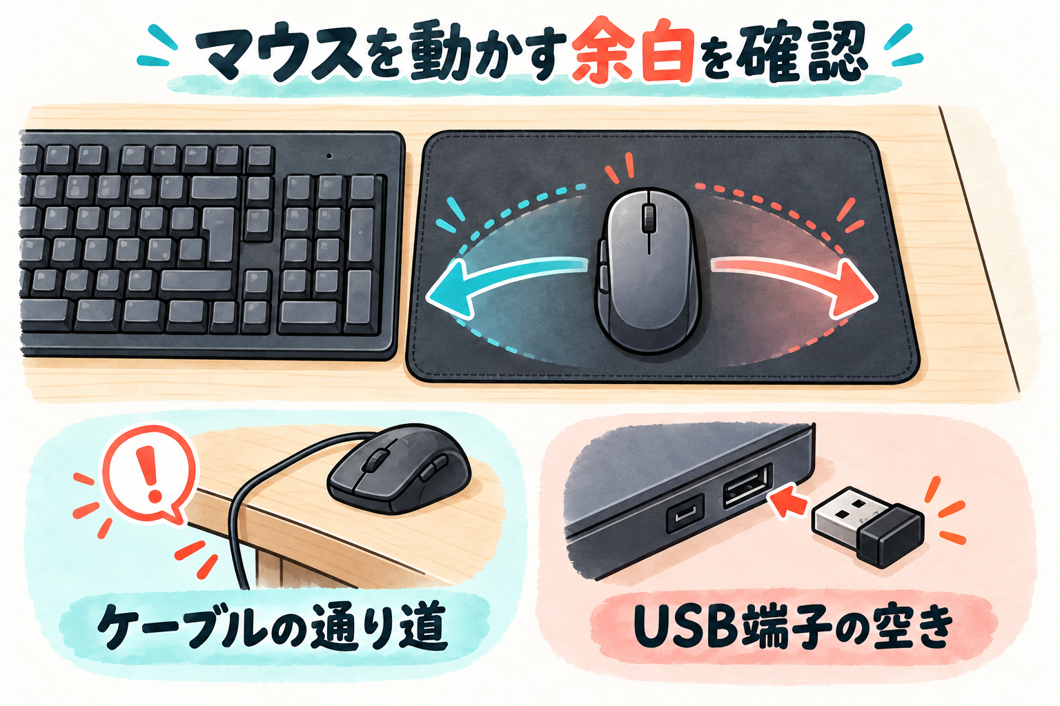 キーボード横のマウス操作スペースとケーブルやUSB端子を確認