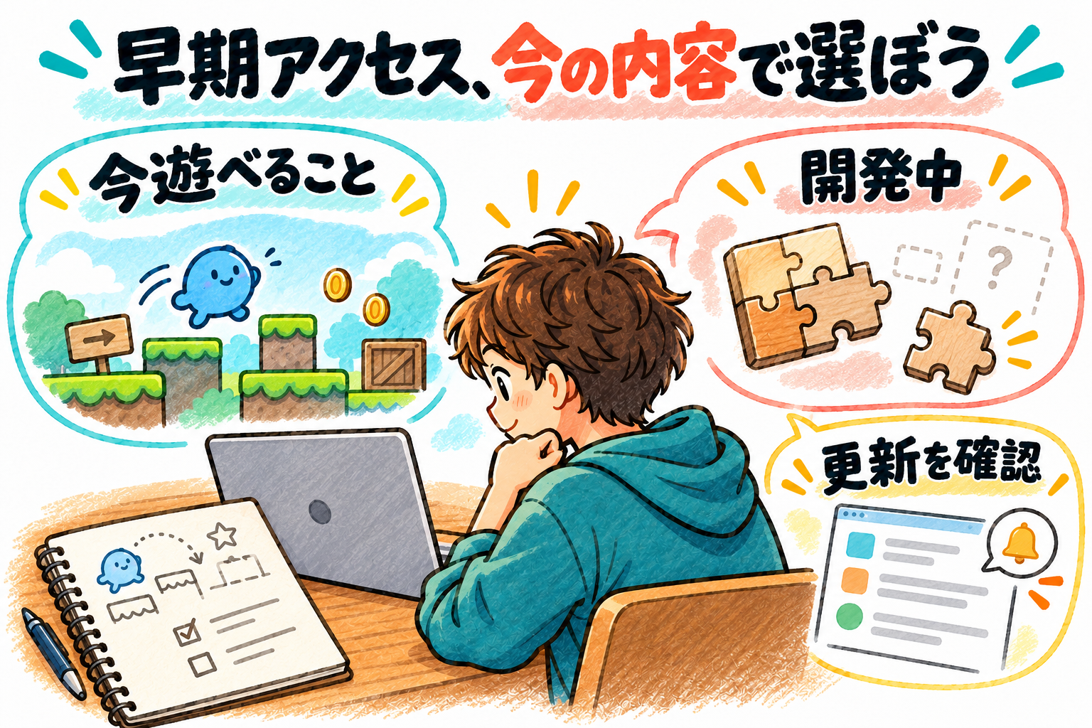 Steam早期アクセスの現在の内容と更新案内を確認する