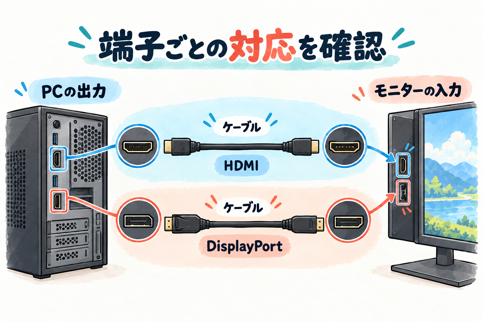 PCの映像出力、モニターの入力、ケーブルの組み合わせを照合する