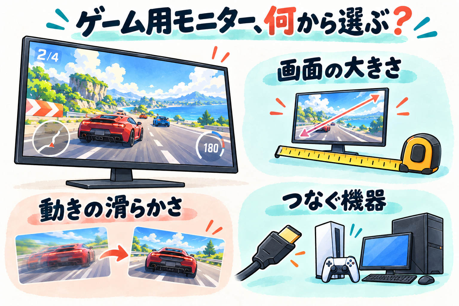 据置モニターの大きさ、動きの滑らかさ、つなぐ機器を確認する