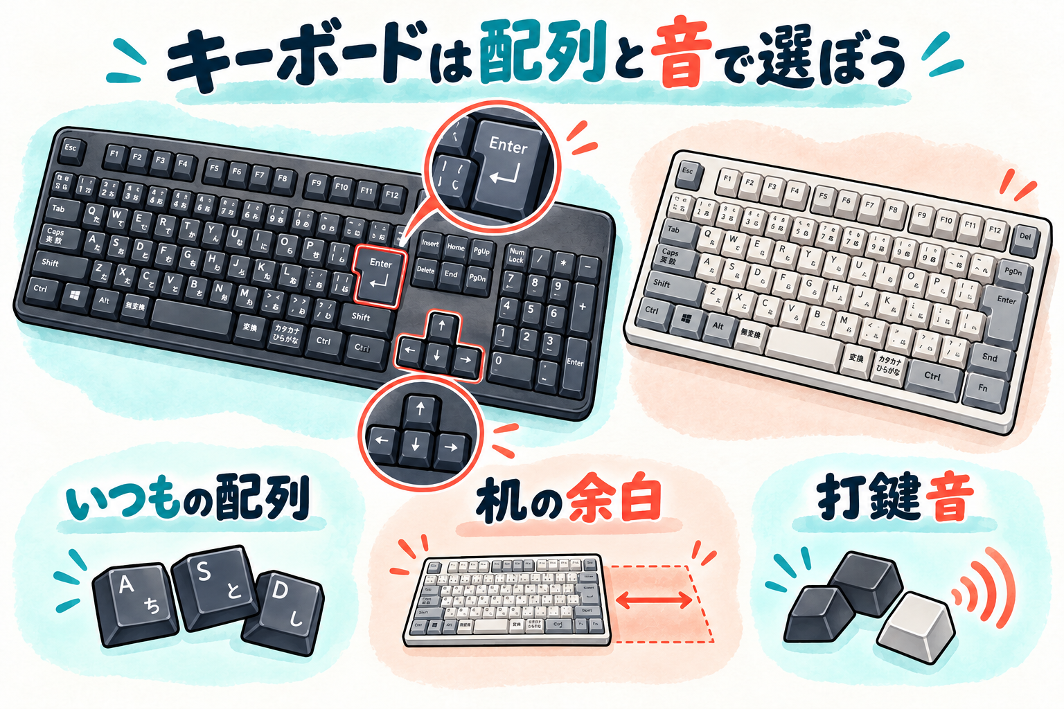 日本語配列とテンキーレスの形、机の余白、打鍵音から選ぶ