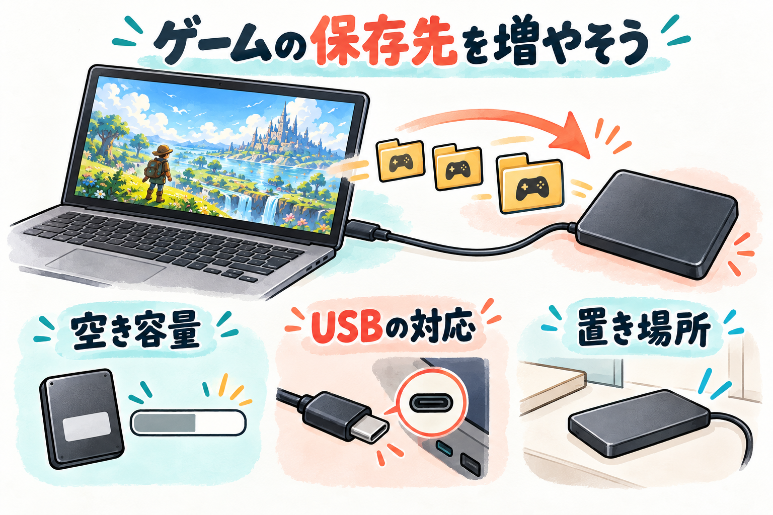 PCに外付けSSDをつないでゲームの保存先を増やす
