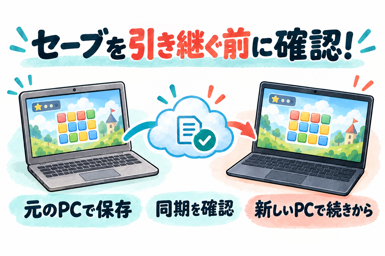 元のPCで保存しクラウド同期を確認して新しいPCで再開する