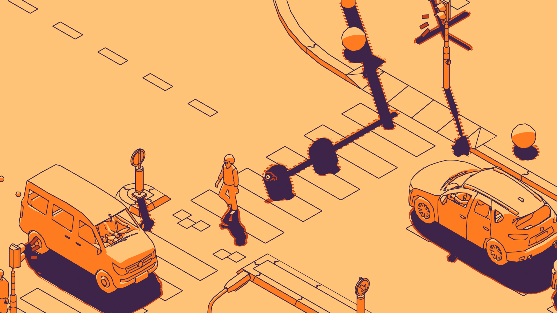 交差点に並ぶ人や車。地面に落ちる影が道になる