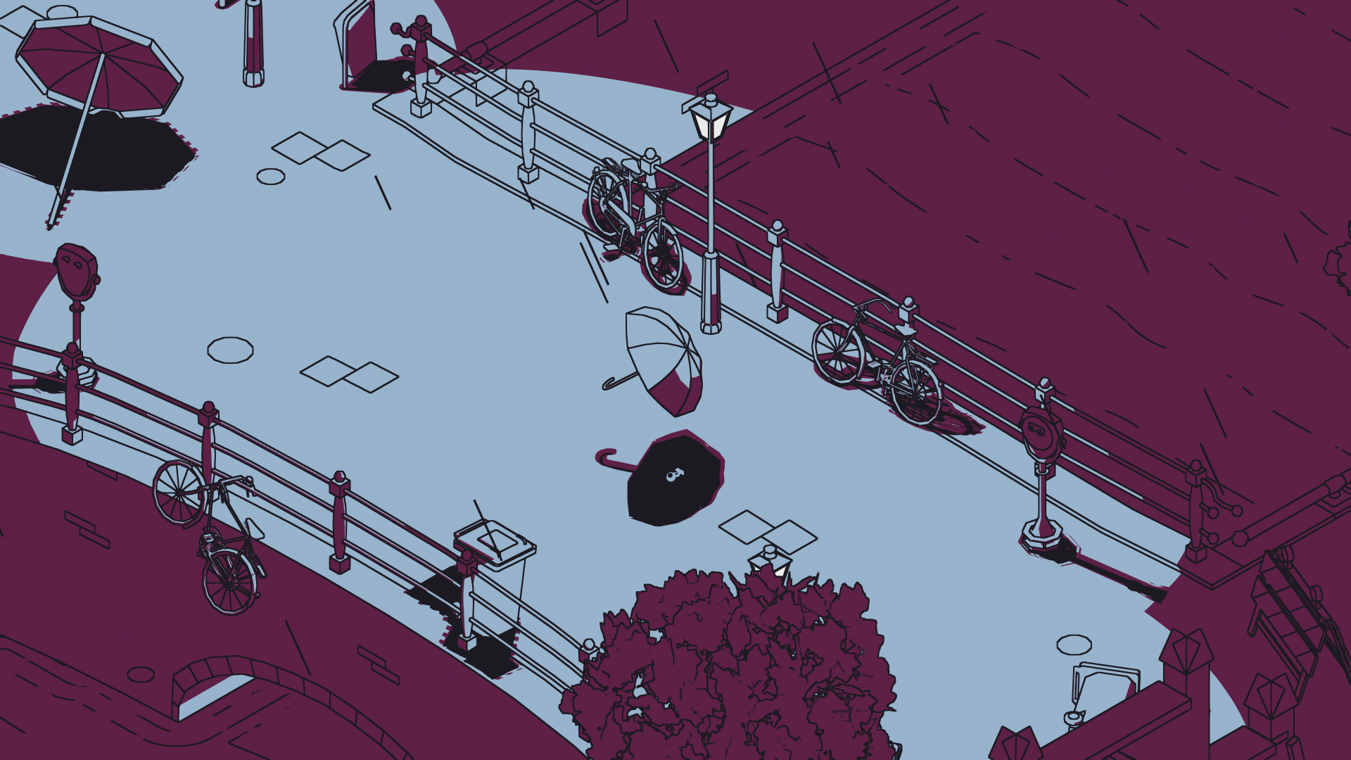 雨の運河沿いの風景。傘や自転車、建物が描かれている