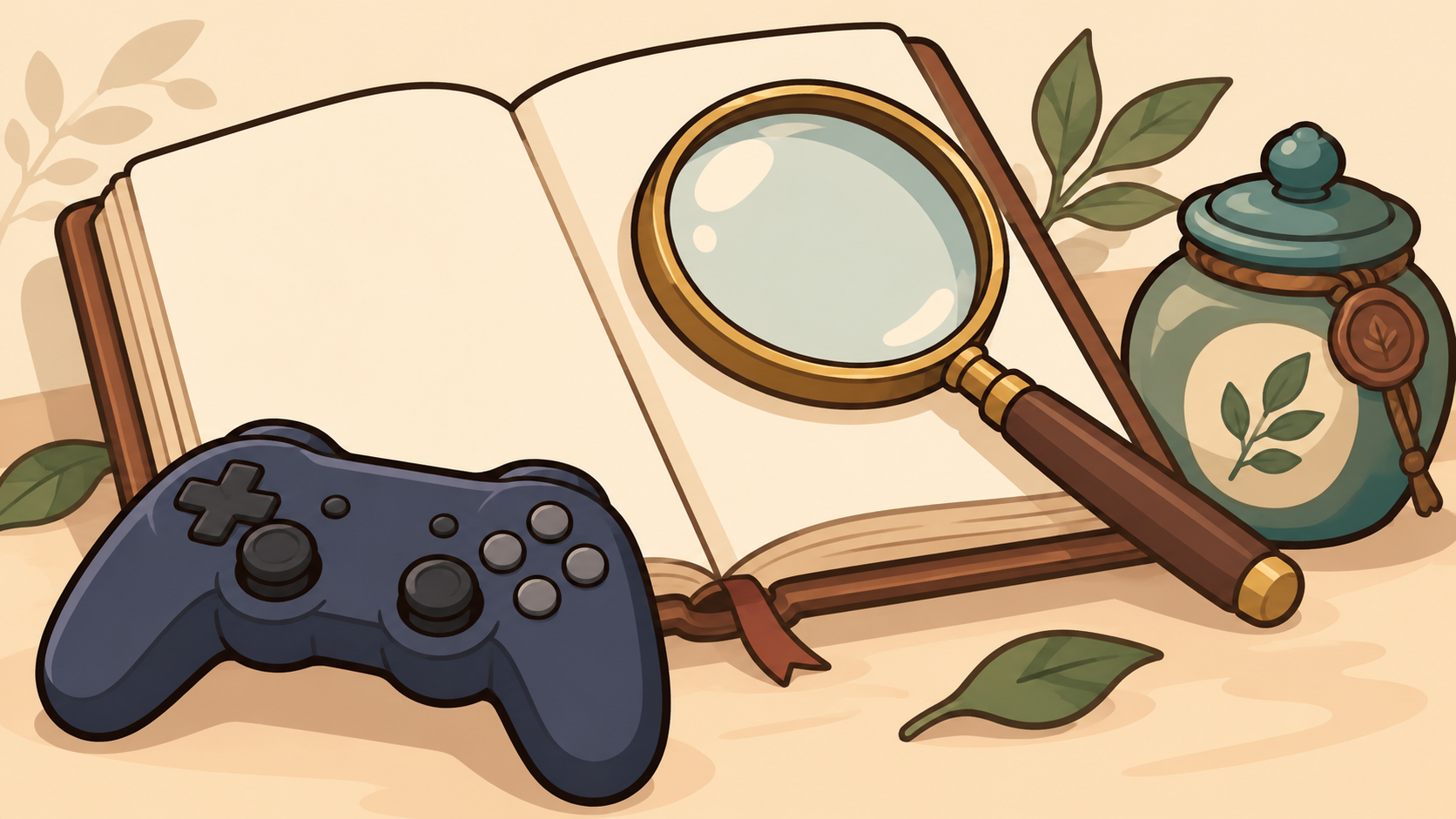 ノートと虫眼鏡、薬壺を組み合わせた推理ゲーム選びのイメージ