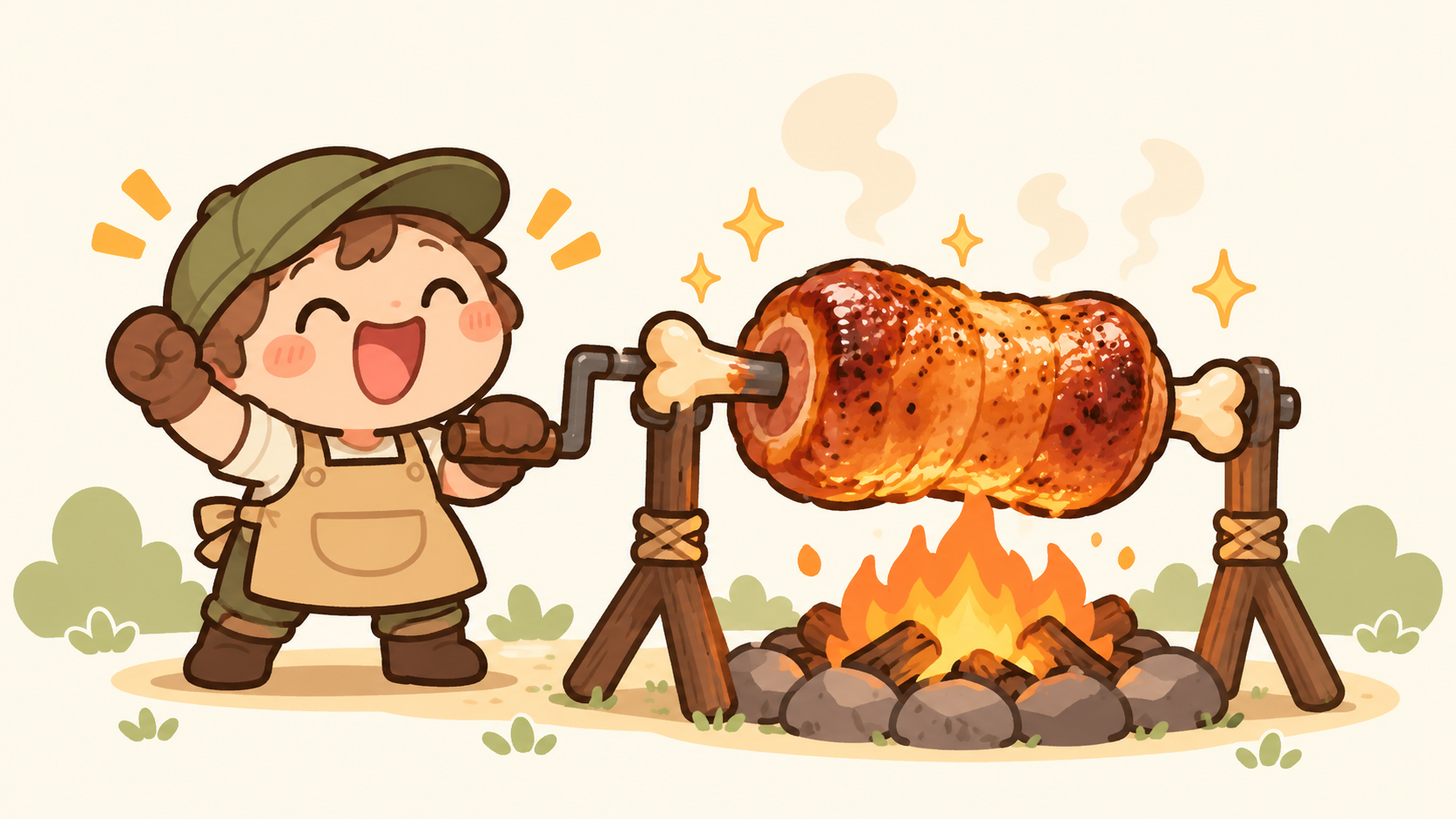 肉がこんがり焼けた喜びを表した架空のキャンプ料理人のイメージ