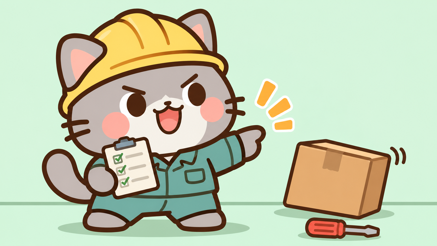 確認したつもりで指をさす、作業着姿の猫のイメージ