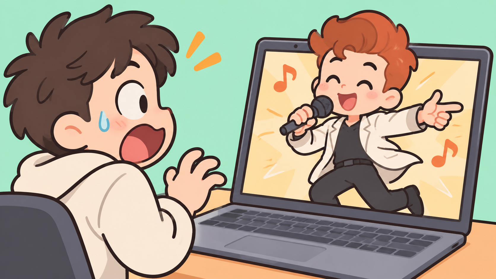思いがけない音楽に驚く、架空の視聴者と歌い手のイメージ