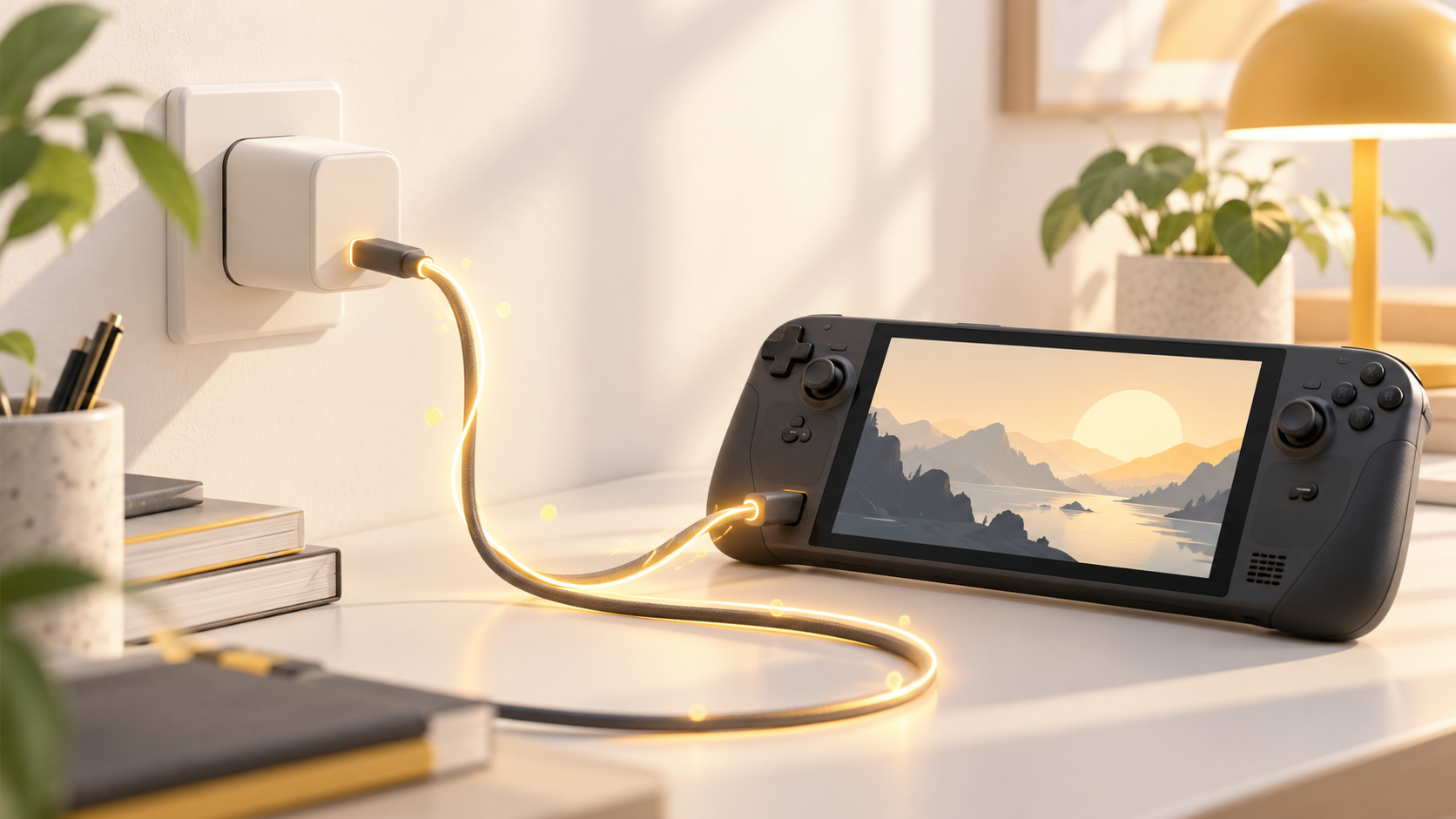 USB-Cでつなぐ充電器と携帯型ゲーム機のイメージイラスト
